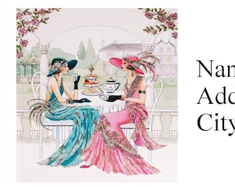 30 Personal Address Labels Primitive Country  Two Victorian Ladies having tea (bx 644)