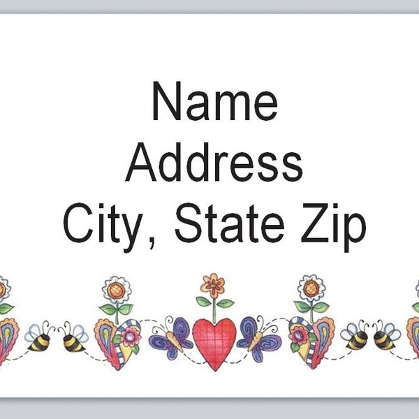 30 Personal Address Labels  Primitive Country hearts flowers and Bumblebees (bx 503)