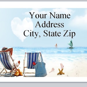 May include: A beach scene with two lounge chairs, a palm tree, and a heart-shaped cloud in the sky. The text "Your Name Address City, State Zip" is written on the image.