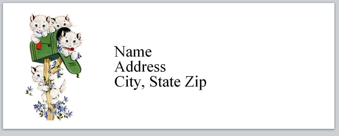 30 Personal Address Labels Cute Cartoon Kittens Cats Playing on Mailbox ...