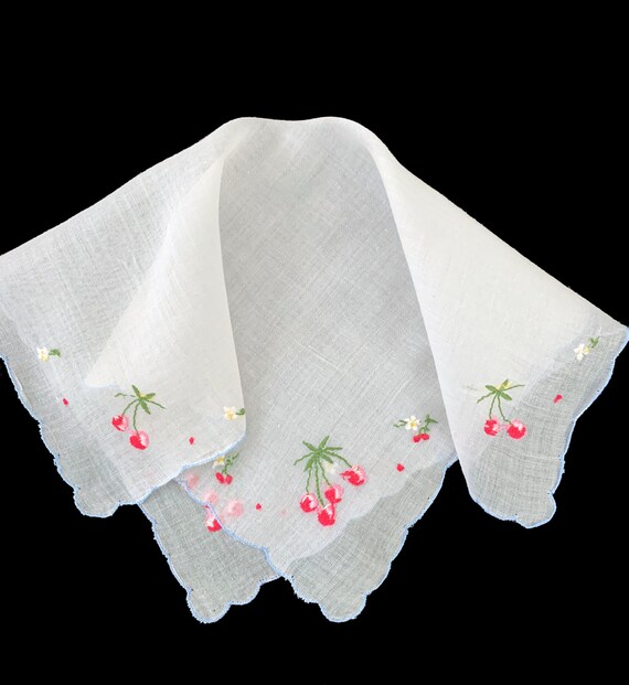 Vintage Embroidered Handkerchief Cherries Scollope