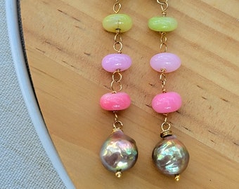 Rainbow Opal and Pink Edison Freshwater Pearl waterfall earrings
