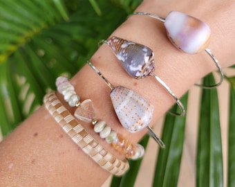 Shell Bangles, Discount on Set of 3 Custom STERLING SILVER bangles, Hawaiian shell bangles, Beach bangles