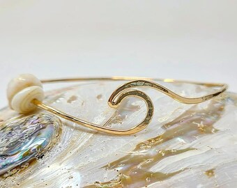 Wave bangle with puka shells (or sea glass) in sterling silver or 14k gold filled