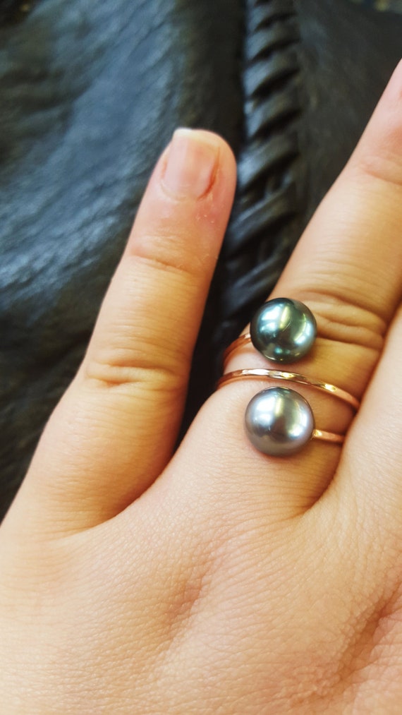 Tahitian Pearl Ring Double Tahitian Pearl Wrap Ring in 14k Gold
