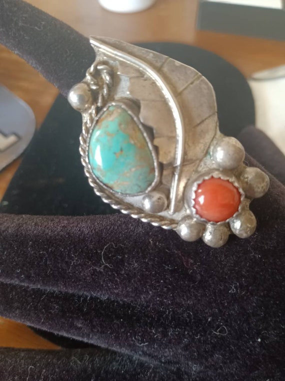 Native American sz 7  Coral/Turquoise Ring - image 2