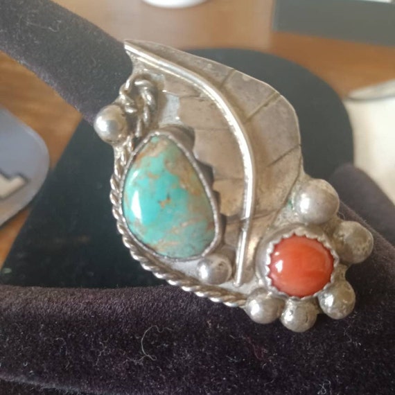 Native American sz 7  Coral/Turquoise Ring - image 4
