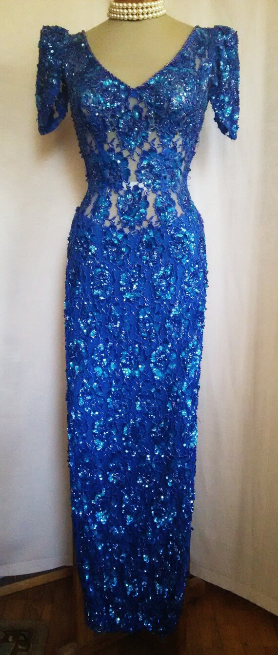 Sheer Beaded & Sequined Evening Gown S