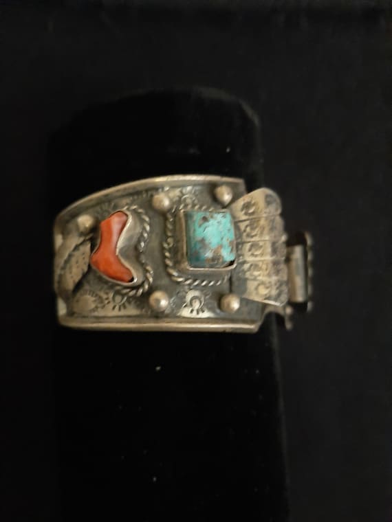 Vintage Navajo Sterling Silver Cuff Bracelet Watch Band Coral