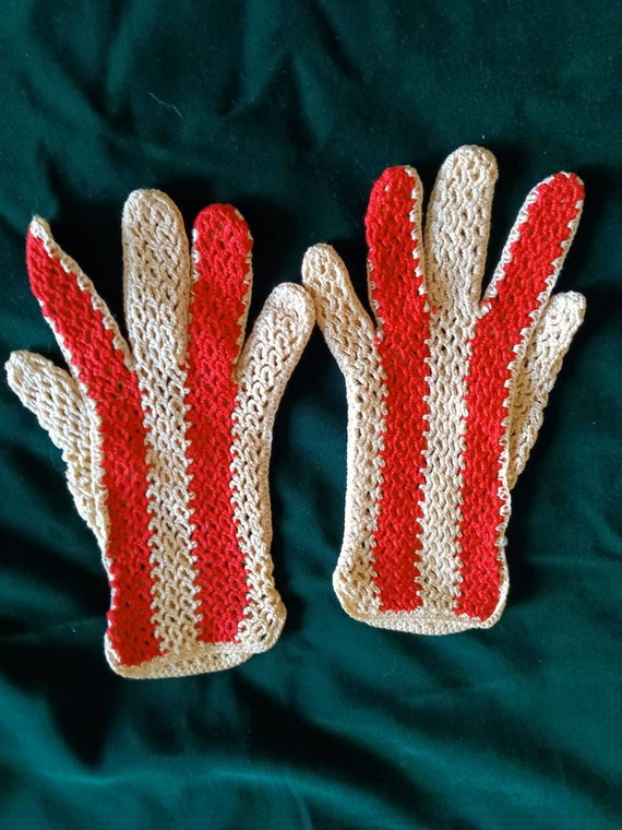 Hand Crocheted Red & White Gloves