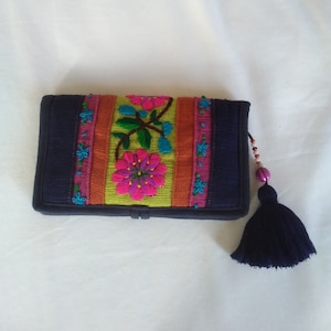 Vintage cartera billetera algodón azul flores bordadas  hecho a mano vintage