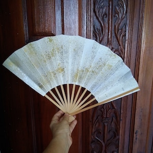 Vintage japanese paper wood fan big hand fan white silver gold original Japan hand painted
