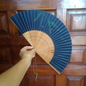 Vintage abanico japones papel madera original Japon abanico de mano japones plegable azul pintado a mano hojas