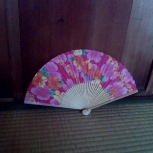 Fan vintage japanese paper wood folding fan hand fan flowers sensu original Japan