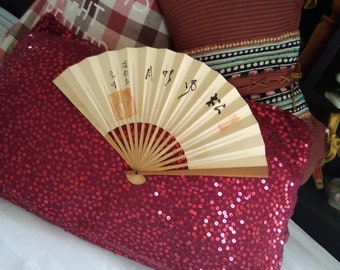 fan vintage japanese paper wood hand fan kanjis folding fan sensu Japan