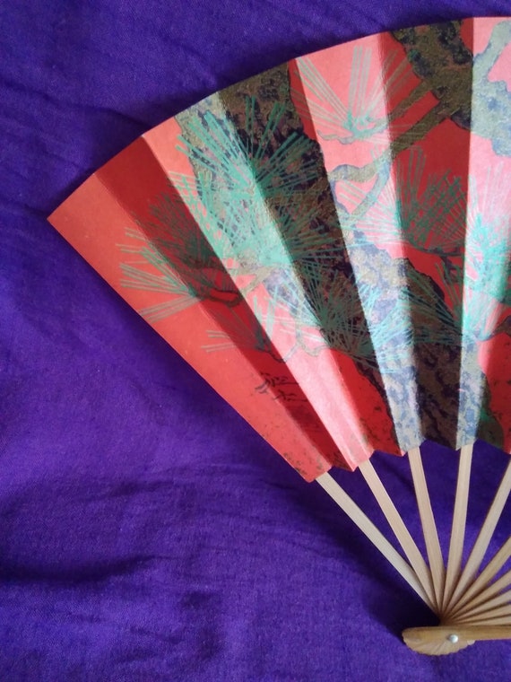 fan vintage japanese paper wood folding fan orang… - image 6