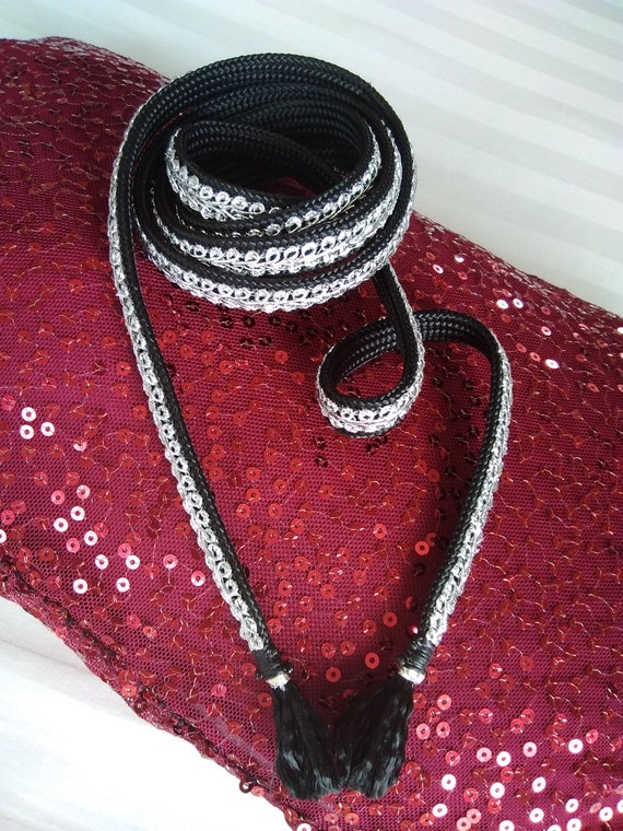 Obijime Vintage Japanese Obijime Black Silver Kimono Belt  display picture 3