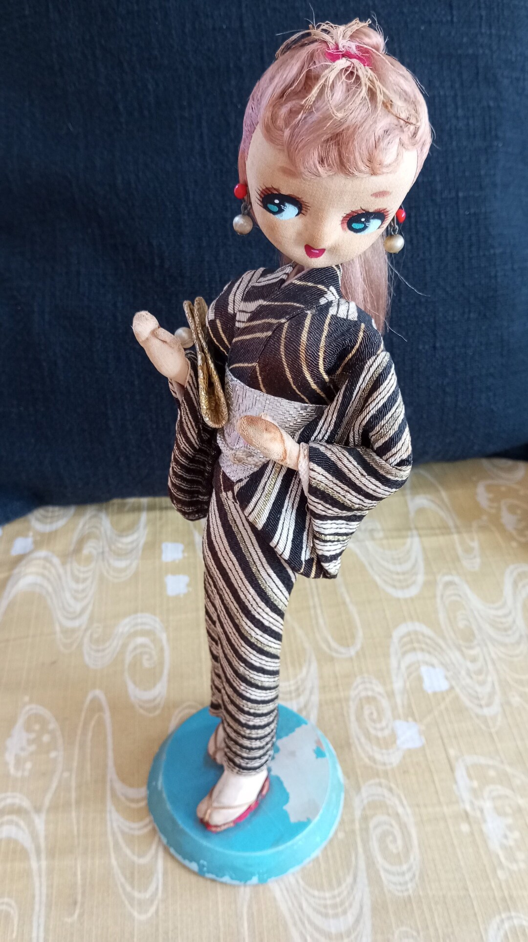 Vintage Japanese Pose Doll Big Eye Silk Kimono Handmade Doll Original