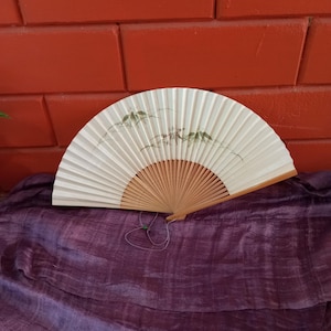 leque vintage de papel com folhas de madeira, leque de mão original japonês pintado à mão, verde dourado
