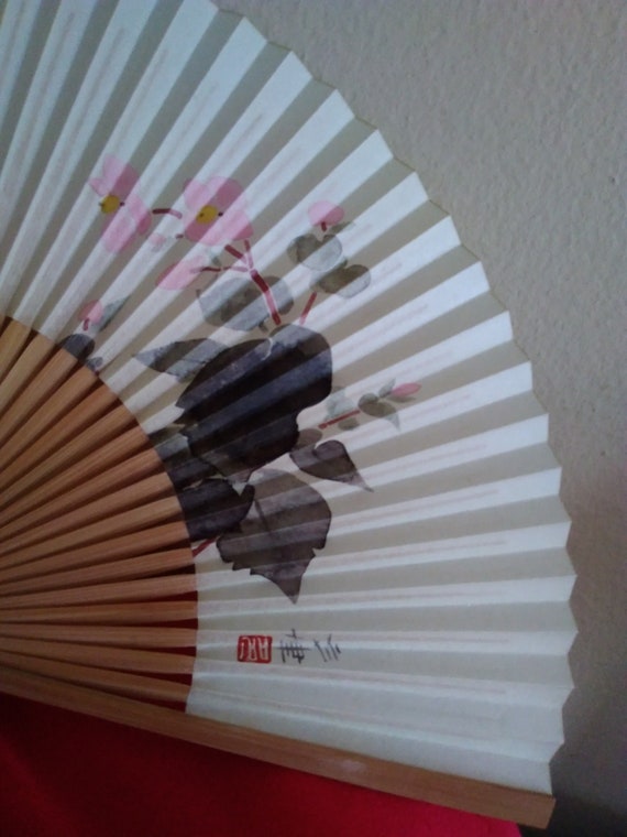 Fan vintage japanese paper wood flowers hand fan fold… Gem