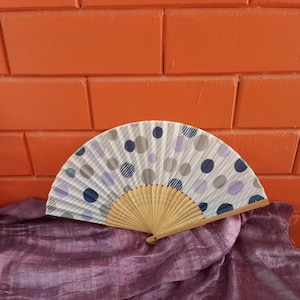 Vintage Japanese hand fan dots circles wood fabric folding fan sensu Japan