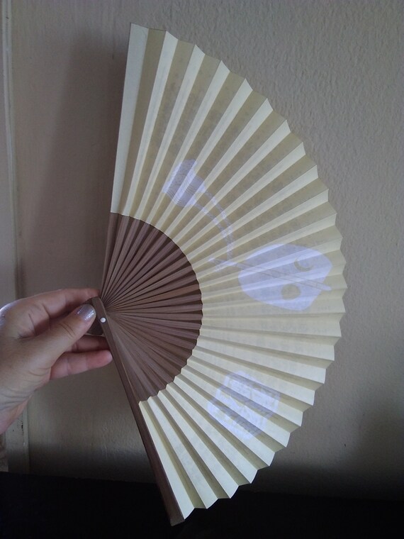 fan vintage japanese paper wood kanjis hand fan f… - image 3