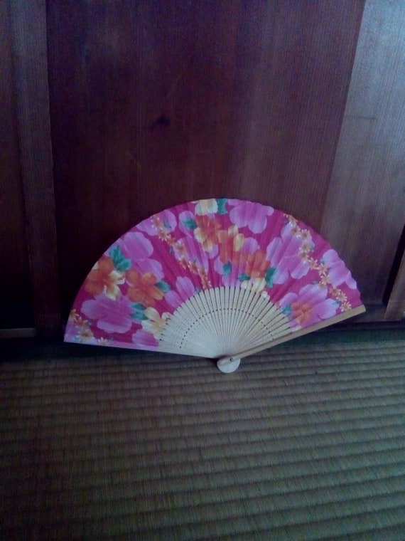 Fan vintage japanese paper wood folding fan hand … - image 1