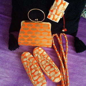 zoris bag obijime purse vintage japanese shoes gold fans orange kimono accessories handmade Japan