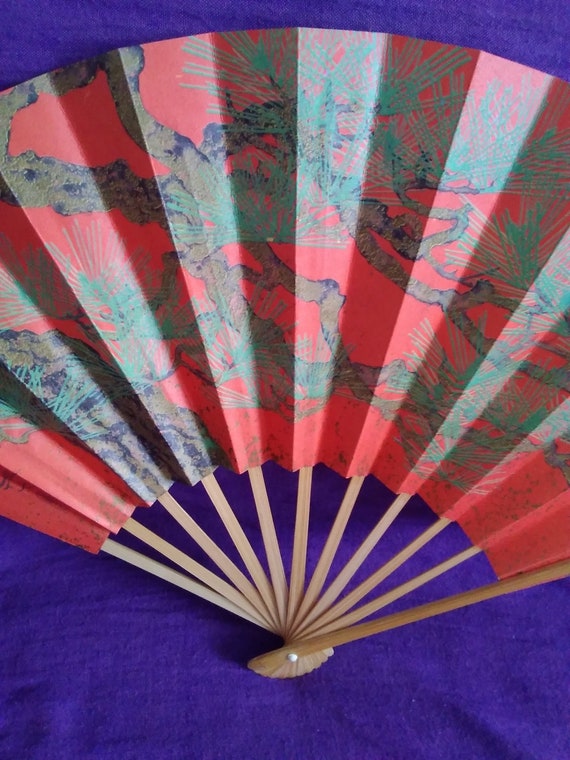 fan vintage japanese paper wood folding fan orang… - image 9