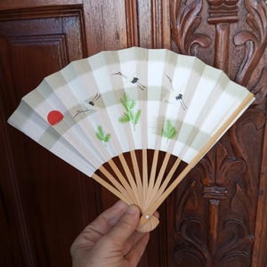 fan vintage japanese paper wood foldable fan hand fan sensu original Japan cranes birds
