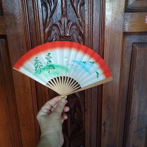 fan japanese paper wood fan vintage handpainted landscape new vintage Japan