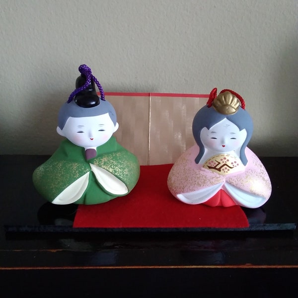 Japanese Hina Matsuri ceramic doll prince princess bell ornament figurine doll vintage handmade Japan