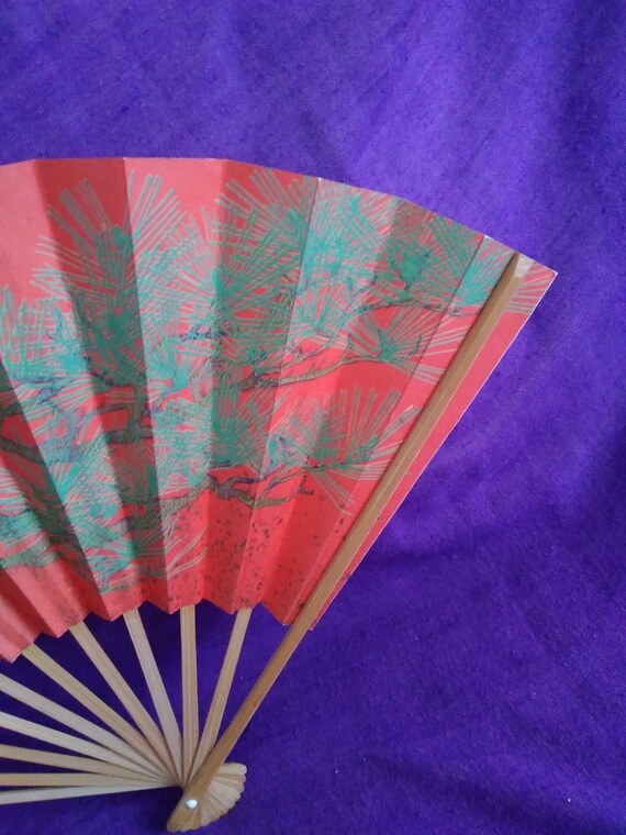 fan vintage japanese paper wood folding fan orang… - image 5
