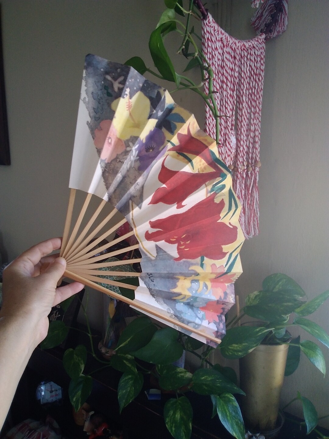 Vintage Japanese Paper Wood Fan Big Hand Fan White Flowers Original ...
