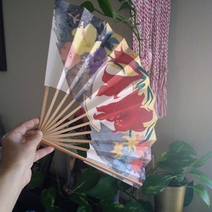 Vintage abanico japones flores papel madera original Japon abanico de mano blanco