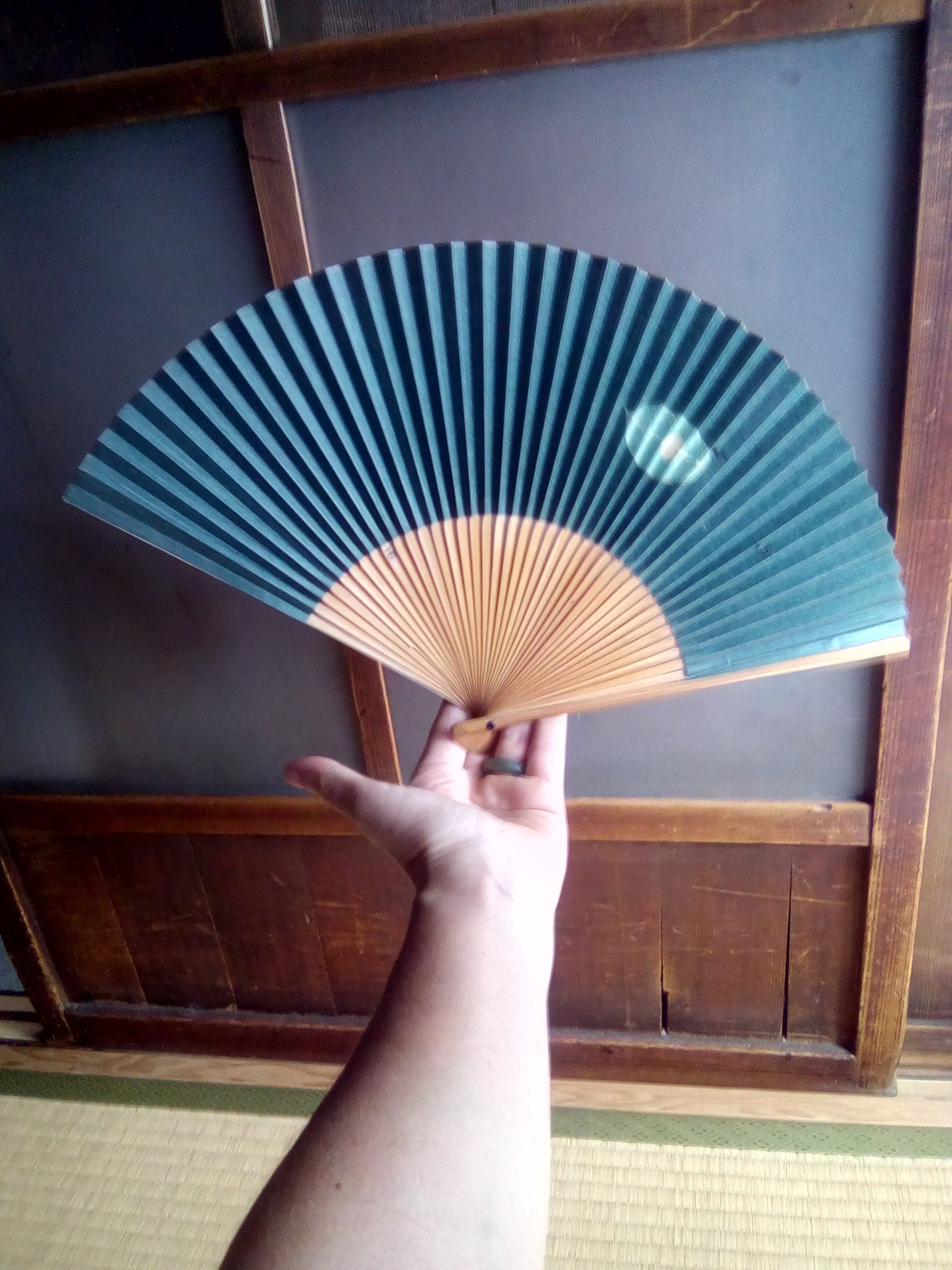Vintage Japanese Paper Wood Fan Blue Hand Painted Leave Ants