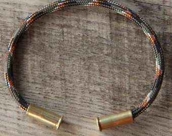 Lizard Camo Bullet Casing Bracelet recycled .22lr casings gray black orange white paracord wire BRZN