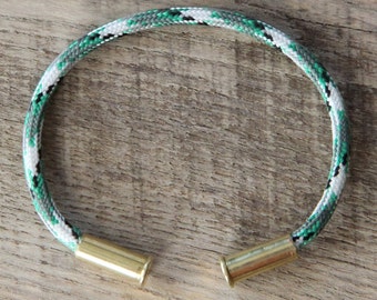 Kermit Camo Bullet Casing Bracelet recycled .22lr casings electric green black gray white paracord wire BRZN