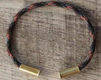 Autumn Camo Bullet Casing Bracelet recycled .22lr casings black brown orange tan paracord wire BRZN