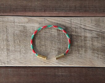 Christmas Camo Bullet Casing Bracelet recycled .22lr casings green red white paracord wire BRZN