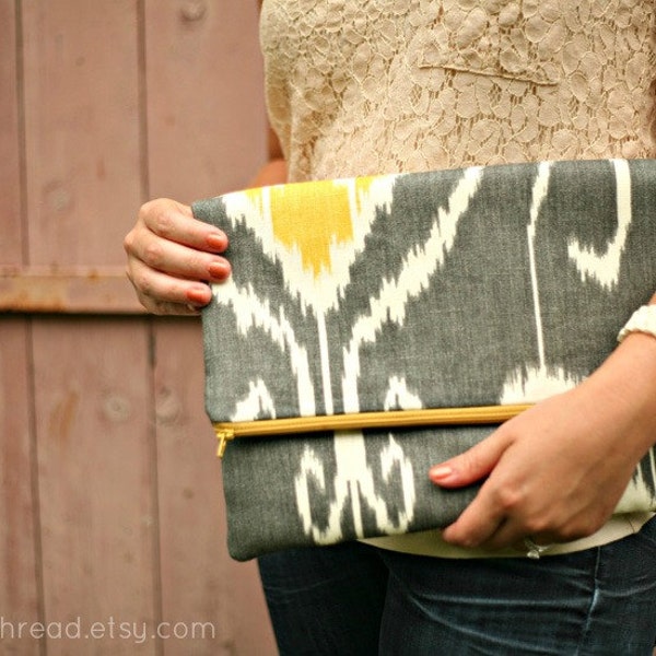 Fold Over Clutch in Gray, Yellow & White Ikat