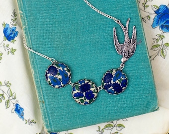 Swallow Necklace with liberty blue poppy and daisy print fabric buttons