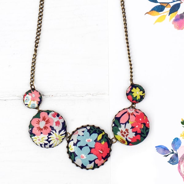 Floral statement necklace handmade from Liberty fabric covered buttons