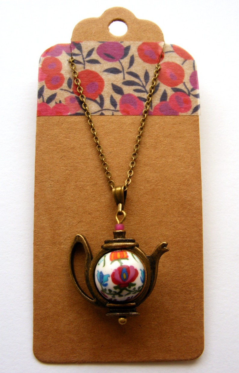 Hungarian Embroidery floral teapot necklace with handmade polymer clay bead
