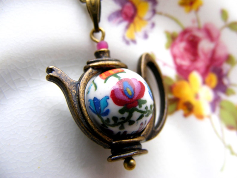 Hungarian Embroidery floral teapot necklace with handmade polymer clay bead