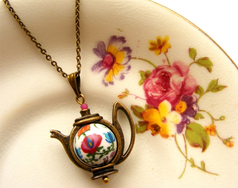 Hungarian Embroidery floral teapot necklace with handmade polymer clay bead