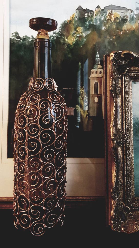 Bottle Art Beaded Copper Wire Wrapped Wine Bottle With Etsy