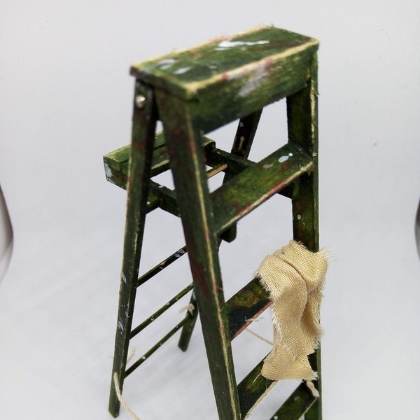 FOR DOLLS HOUSE-1/12th scale aged decorators ladder in vintage green