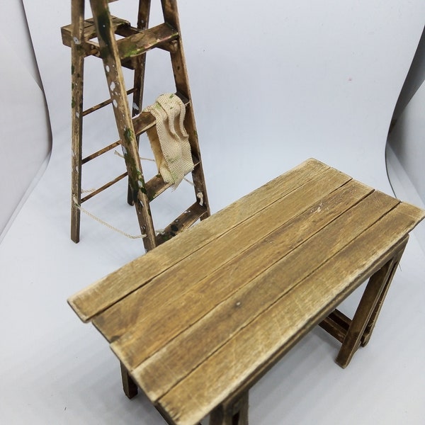 1/12th aged and distressed decorators ladder and trestle table (brown)