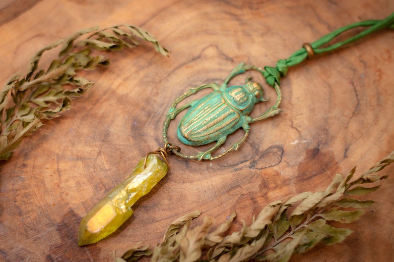 Vintage Necklace Beetle Necklace Boho Pendant Bohemian Necklace Aura quartz pendant Quartz necklace bug jewellery Egyptian Necklace